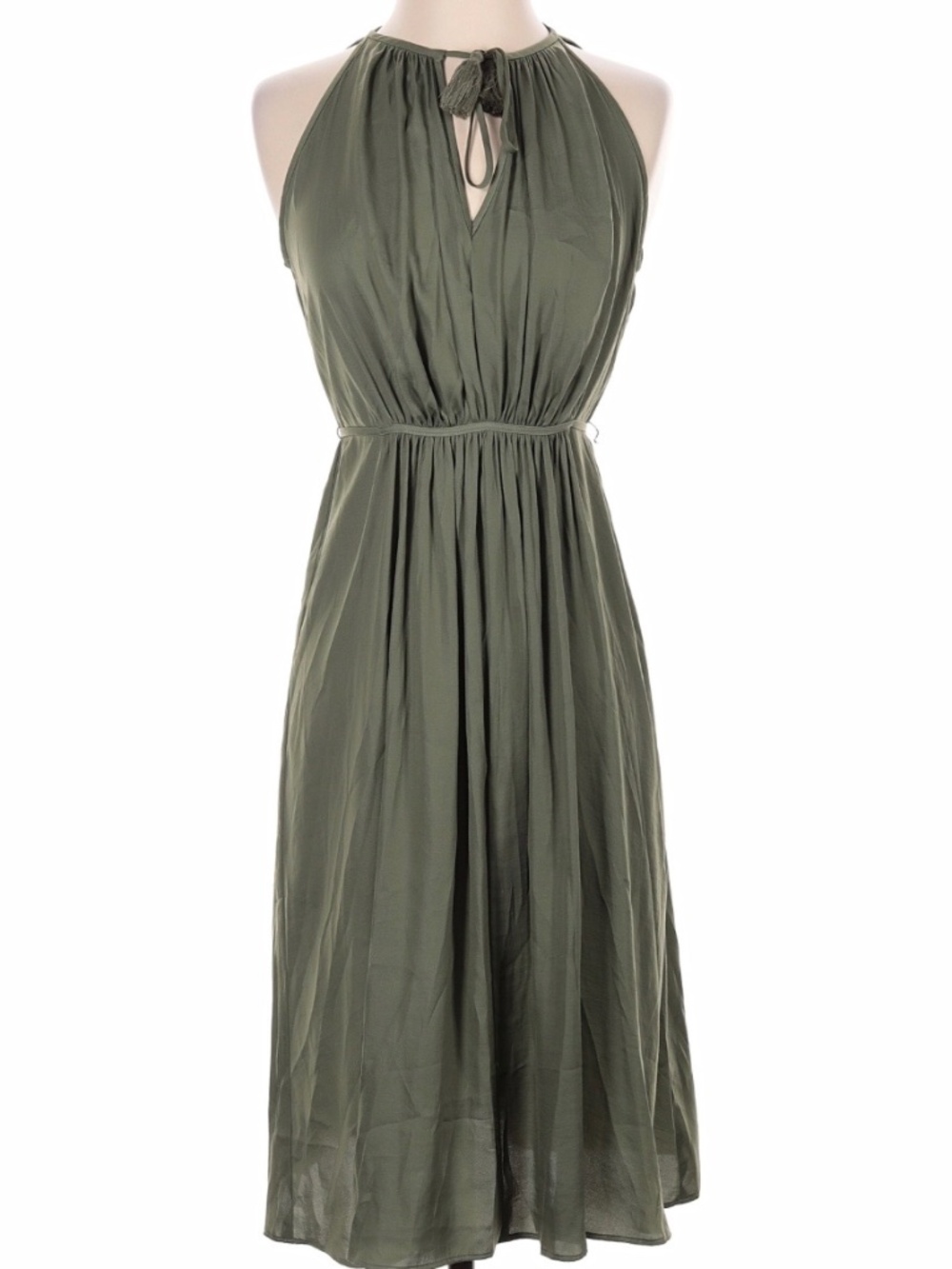 Olive Green LOFT S Halter Gathered Midi Dress Boho Flowy Sundress Beach Summer